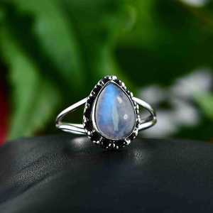 Rainbow Moonstone <b>Ring</b> Teardrop Gemstone <b>Ring</b> Sterling Silver <b>Boho</b> <b>Ring</b> June Birthstone Jewelry Dainty Moonstone <b>Ring</b> - Product Image 2