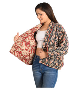 Abrigo corto reversible de otoño para mujer, chaqueta acolchada de algodón con estampado de bloques a mano y bolsillos en el escote, tela tejida con estampado Floral - Product Image 1