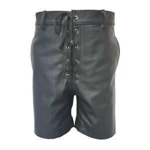 Casual Men's Genuine PU Leather Shorts Loose Low Oversized XS Size with <b>Side</b> <b>Black</b> Laces Short Pants - Product Image 4