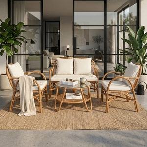 Natural Bentwood <b>Rattan</b> <b>Outdoor</b> Lounge Set 4 Piece Loveseat Armchairs Glass Round Table Cream Cushions Setup Pure Art Design - Product Image 3