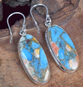 Top Quality Genuine Mohave Spiny Oyster Turquoise <b>Large</b> Oval Bezel Setting Solid 925 Sterling Silver Dangle Drop Hook <b>Earring</b> - Product Image 2