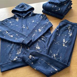 Conjunto Deportivo Personalizado de Algodón Grueso, Transpirable y Ecológico para Hombre, Sudadera con Capucha y Pantalones Jogger con Estampado de Salpicaduras de Ácido Azul - Product Image 5