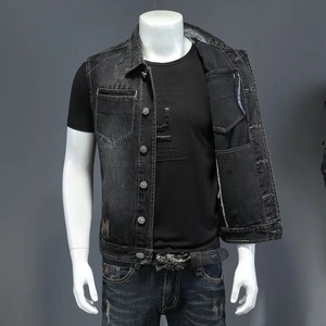 Premium Quality Winter Embroidery Distressed Denim Motorcycle Biker <b>Vest</b> Men's Casual Sleeveless 100% Cotton <b>Slim</b> Fit Outerwear - Product Image 4