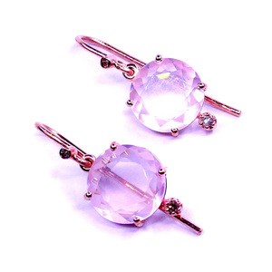 Boucles d'oreilles traditionnelles en or rose 14 carats en quartz rose, abordables, bon marché, avec diamants pour femmes. - Product Image 1