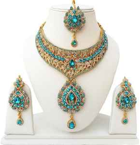Ensemble de bijoux vintage en alliage avec strass en cristal en forme de fleur, collier, boucles d'oreilles, serre-tête, turquoise, pour femmes, fiançailles, mariage, fête - Product Image 1