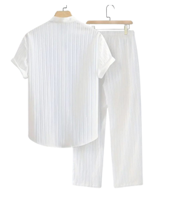 Conjunto de 2 piezas a rayas de color sólido de verano para hombre, pantalones con cordón de cuello levantado de moda informal perfectos para vacaciones en la playa - Product Image 6