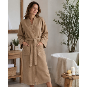 Albornoz de Baño Unisex de Punto Interlock 100% Algodón, Tipo Waffle, para Hotel y Spa, con Logotipo Personalizado, Proveedor OEM, Hecho en Turquía - Color Beige - Product Image 2