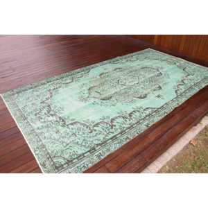 Tapis turc vintage 5x9,2 pieds, grand tapis, tapis en laine verte - Product Image 2