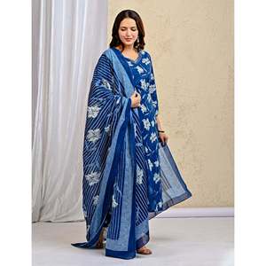 Blue <b>Block</b> <b>Printed</b> Cotton Kurta Pant Set Mulmul Dupatta Indian Pakistani Style Ethnic Wear for Daily Party Occasions Made Net - Product Image 6