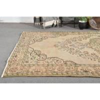Tapis turc vintage KayraHome beige brun 5,8x9,5 pieds en laine tissage plat écologique motif patchwork épaisseur de poil moyenne