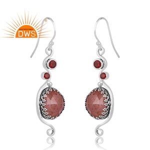 Best Quality Oxidized Sterling Silver Natural Garnet & Strawberry Quartz Gemstone Dangle Earring Custom Jewelry Manufacturer - Product Image 2