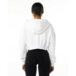 Classique blanc entièrement zippé sweats à capuche courts pour femme coton coréen goutte épaule Style surdimensionné tricoté décontracté solide sweats à capuche - Product Image 4