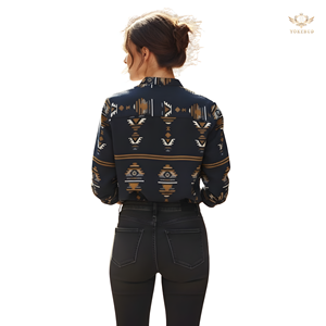 Chemise à manches longues à col bandeau personnalisé pour femmes Chemisier décontracté à manches roulées en tissu flamboyant doux à imprimé tribal géométrique OEM - Product Image 5