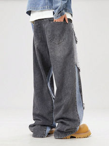 Demin กางเกงยีนส์ฮิปฮอปเอวสูงสำหรับผู้ชาย, กางเกงยีนส์ฮิปฮอปขาตรงปักลายดาวสไตล์ลำลองสีเทามีสีต่อกันไซส์พิเศษ - Product Image 3