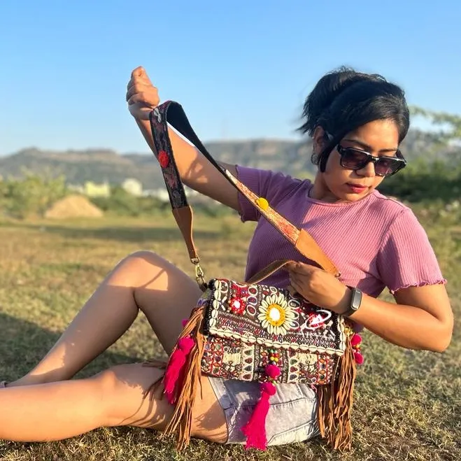 Mới Đến Thực Sự Handmade Rajasthani Phụ Nữ Bộ Lạc Đa Màu Bông Vải Boho Hippie Da Lộn Da Fringe Tassel Banjara Túi