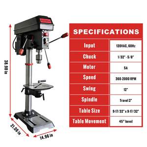 Taladro de Banco de 12'' con Motor de 6 Polos, Velocidad Variable de 3/4HP, Potente, 360-2000 RPM, con Luz Láser para Trabajos Láser - Product Image 1
