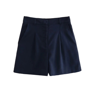 Pantalones cortos de mezcla de lino con pliegues delanteros para mujer personalizados OEM pantalones cortos femeninos con cremallera de cintura alta Vintage personalizados - Product Image 5