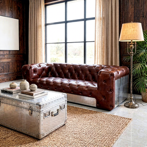 Sofá Chesterfield de 3 Plazas Hecho a Medida, en Cuero Genuino, Ecológico, con Respaldo de Aluminio, Cierre de Botones, Diseño Industrial, Estilo Aviador - Product Image 1