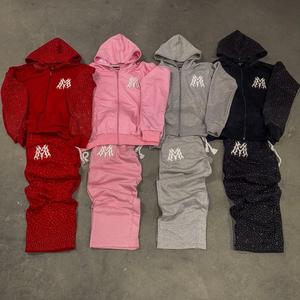 Pantalones de chándal acampanados con diamantes de imitación coloridos con cremallera desgastada personalizada OEM y conjuntos de sudadera para hombre, ropa de calle, chándal lavado con ácido - Product Image 1