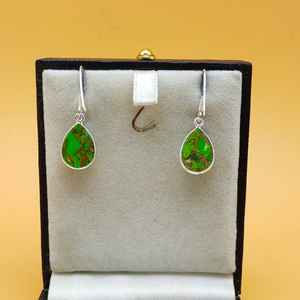 Handcrafted 925 <b>Sterling</b> <b>Silver</b> <b>Earring</b> Green Copper Turquoise Drop Shape with <b>Pearl</b> Wedding or Birthday Gift for Bride - Product Image 3