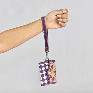Porte-cartes pliable à motif géométrique violet avec fermeture à bouton, portefeuille court pour femme, en cuir véritable - Product Image 1