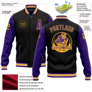 Bomber personnalisé noir violet-or Full-Snap Varsity Letterman deux tons veste coupe-vent Streetwear vintage Varsity Jacket pour hommes - Product Image 3
