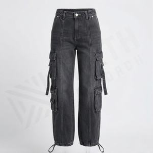 Jeans pour femmes de couleur personnalisée Cargo Pantalons en denim à jambes larges réguliers Vêtements de rue pour femmes Pantalons de qualité supérieure Coton respirant - Product Image 1