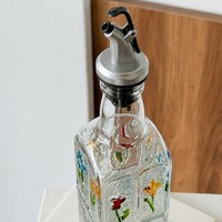 Bouteille distributrice d'huile d'olive en verre peint de 500 ml, motif floral, récipient à condiments pour comptoir de cuisine