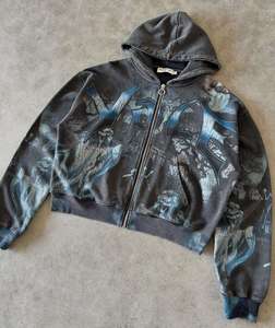 Veste zippée streetwear vintage à fleurs d'automne personnalisée, impression numérique, tissu molletonné français, délavage acide, effet usé, 100% coton - Product Image 2