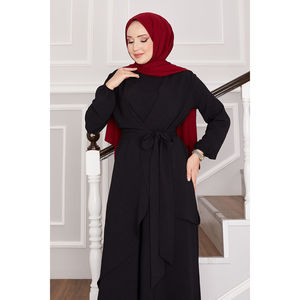 Two-Piece Black Aerobin <b>Knitted</b> Hijab <b>Set</b> with Sashes Loose Fit Plus Size Design - Product Image 2