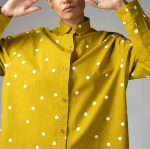 Chemise boutonnée pour femme en popeline 100% coton biologique, col classique, motif à pois, dentelle, coupe ample, manches longues, été - Product Image 4