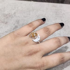 Bague pour femme en argent sterling 925, pierre précieuse citrine naturelle, pierre de naissance de novembre, croissant de lune, bijoux faits à la main, Noël - Product Image 2