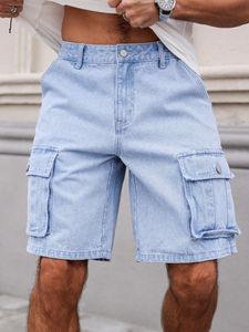 Pantalones vaqueros azules claros de verano para hombre, pantalones cortos de cintura media con botones y cierre de cremallera, cuatro bolsillos, moda informal para adultos jóvenes para hombre - Product Image 4