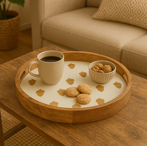 Bandeja de servicio de madera redonda esmaltada de bellotas de latón AK con asa en varios colores a bajo precio para decoración de interiores de mesa - Product Image 1