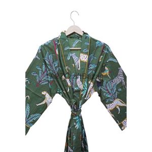 Handmade Green Floral Front Logo V-neck Pure Cotton Kimono Robe New Arrival Women's Daily Life Summer Spring Hand Printed - Product Image 4