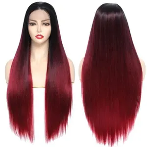 Wholesale Ombre Burgundy Red Hair Wigs For Women Long Straight Lace Front Silky Soft Heat Resistant Fiber Synthetic Wig 99j