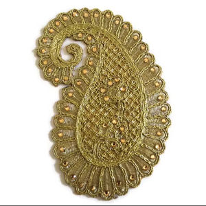 Golden Zari Paisley Applique Patch Fabriqué à la main Brodé pour Mango Motif Pierres pour Saree Ethnique Mariage Décor Tissu Matériel - Product Image 1