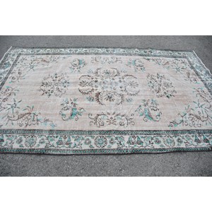 Tapis turc vintage Beige bleu patchwork tissage plat 5.8x9.6 pieds pour décor de salon matériau en laine avec support en latex 4m de largeur - Product Image 3