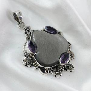 Pendentif multi-pierres en argent sterling 925 brillant en argent naturel obsidienne améthyste pierres précieuses plaqué or diamant pierre principale cadeau - Product Image 4