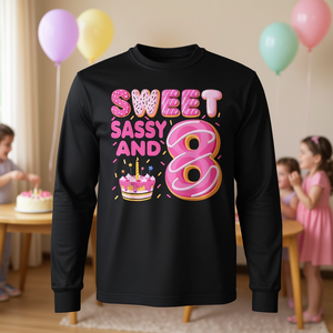 Maglietta a maniche lunghe per il 8° compleanno di Sweet Sassy and 8 Years Old, design promozionale ispirato alle ciambelle - Product Image 3