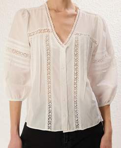 Blusa Bohemia con Estampado a Mano, 100% Algodón, Largo Regular, Estilo Vintage Informal, Primavera Verano, Tejida, Cuello en V, Vacaciones, Resort - Product Image 4