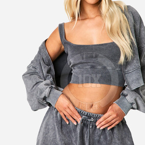 Conjunto de chándal de lavado ácido OEM/ODM para mujer, chándal lavado elegante con capucha de bolsillo frontal, chándal de lavado ácido de moda - Product Image 3