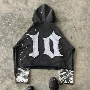 RAW HEM personnalisé hiver fermeture éclair Streetwear français éponge poids lourd Boxy recadrée lavage à l'acide applique en détresse brodé Patch - Product Image 3