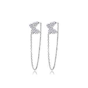 Butterfly Design CZ <b>Silver</b> <b>Stud</b> <b>Earrings</b> Chain Wholesale Handmade Trendy 925 Sterling <b>Silver</b> Turkish Jewelry - Product Image 4