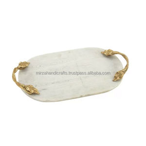 Plateau de service en marbre décoratif en pierre naturelle, Rectangle en marbre blanc, plateau en marbre pour bijoux avec poignées en feuilles dorées - Product Image 2