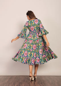 Robe midi imprimée florale multicolore Robe d'été à manches longues Robe en coton à la mode Robe western une pièce pour femmes - Product Image 3