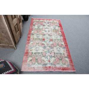 3.3x6.3 ft Rug, Turkish Vintage Rug, <b>Red</b> Floral <b>Wool</b> Rug - Product Image 1