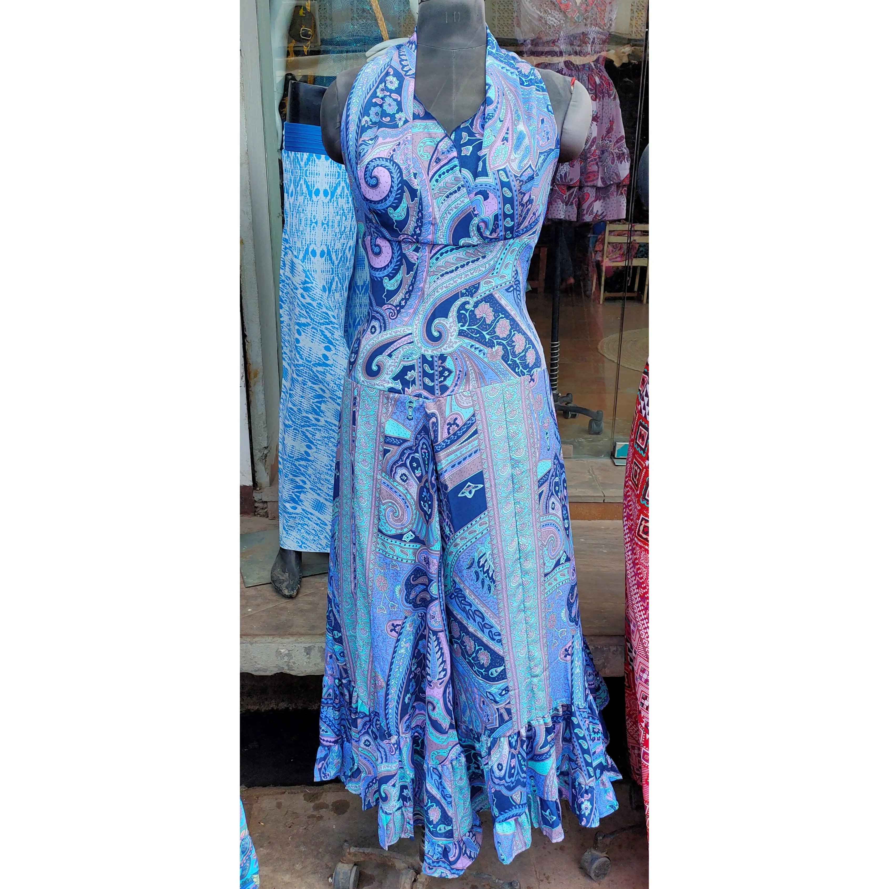 Verano playa estampado largo Maxi Vestido Mujer Split cuello en V bata mujer Halter elegante Boho vacaciones estilo gitano vestido de fiesta tamaño libre