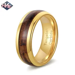 8mm bijoux de mariage pour hommes, plaqué or, bombé, baril de whisky carbonisé, incrustation en bois, bague en tungstène