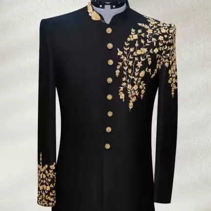 NEW--HEAVY thêu trên sherwani nhung đen, quần & giày phù hợp với hạt thủy tinh pha lê tôn tạo, đá, dabka làm việc @ 2024